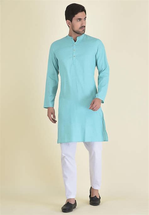 Woven Cotton Jacquard Kurta Set In Sky Blue MHT592