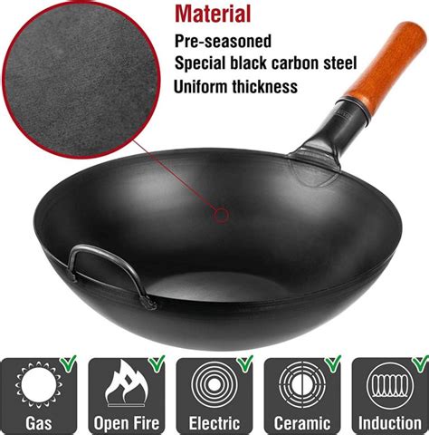 13 5 Inch Pre Seasoned Black Carbon Steel Wok With Flat Bottom Yosukata