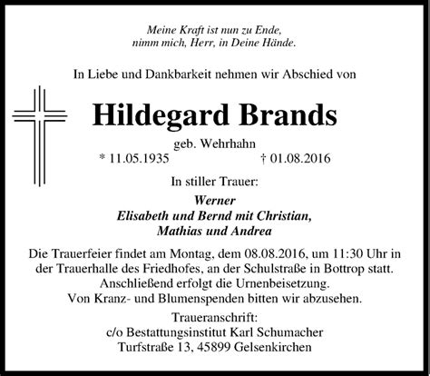 Traueranzeigen Von Hildegard Brands Trauer In Nrw De