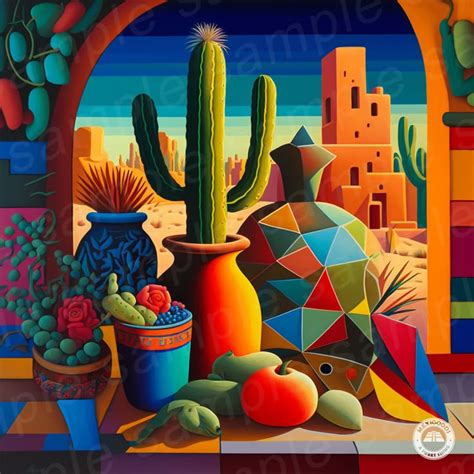 A Painting Of Cactuses And Succulents In Front Of An Arch