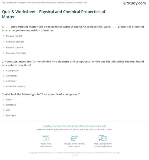 Physical And Chemical Properties Of Matter Worksheets