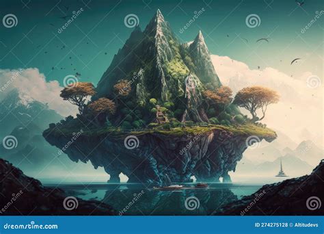 A Surreal Float Island With A Towering Mountain In The Background