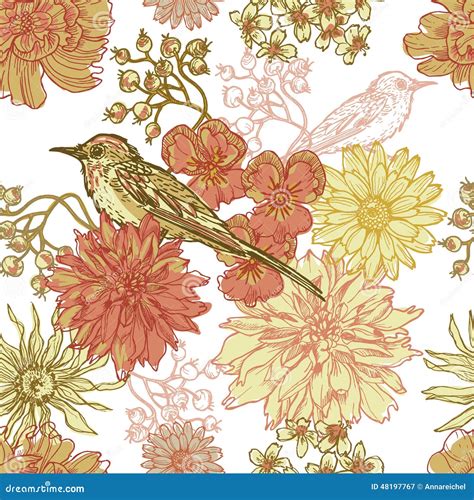 Hand Drawn Vintage Botanical Seamless Pattern With Bird Stock Vector