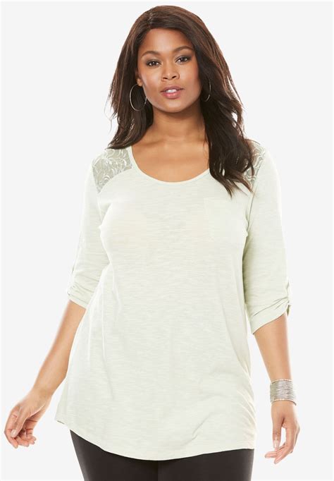 Cotton Slub Lace Tunic Plus Size Tunics Roamans