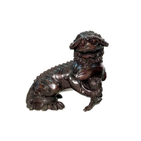 Bronze Chinese Foo Dog With Ball Sculpture Metropolitan Galleries Inc