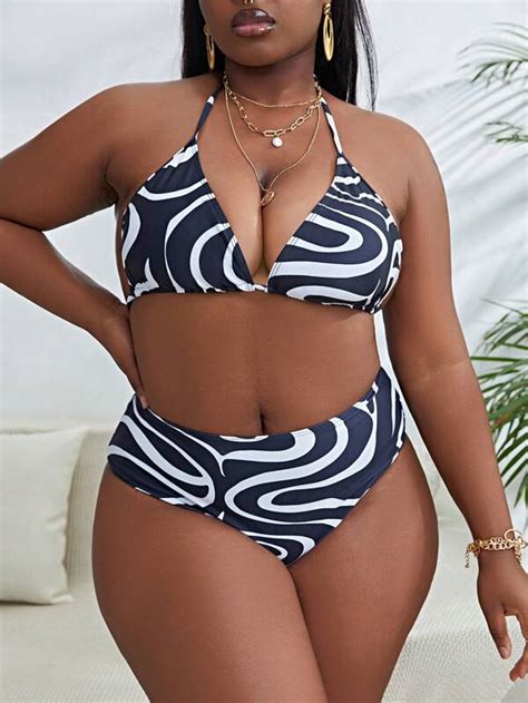 Shein Swim Sxy Plus Allover Print Halter Triangle Bikini Swimsuit With