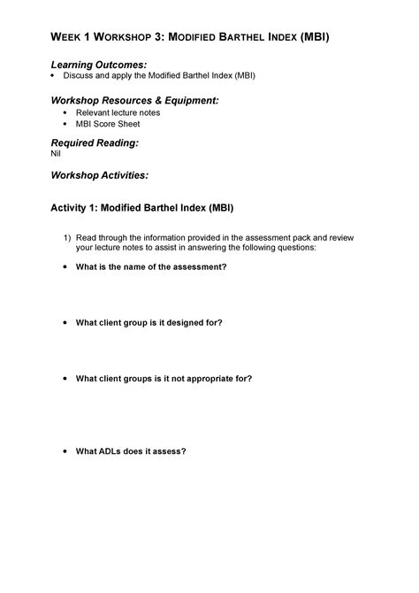 Modified Barthel Index Student Worksheet Week 1 Workshop 3 Modified