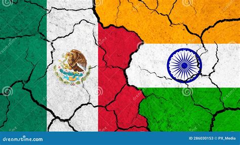 Flags Of Mexico And India On Cracked Surface Stock Illustration