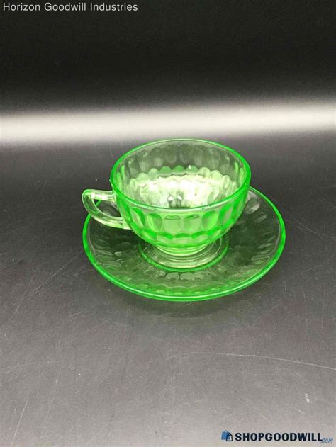 Vintage Federal Glass Uranium Vaseline Glass Cup And Saucer Vaseline Glass