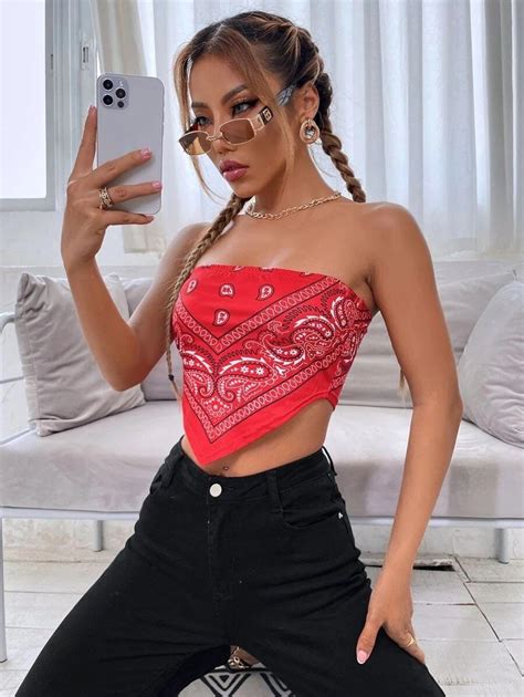 Women Paisley Print Tube Bandana Top M 6 Red Bandana Top Tops