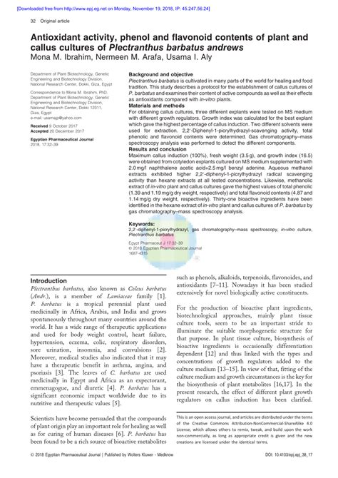 Pdf Antioxidant Activity Phenol And Flavonoid Contents Of Plant And