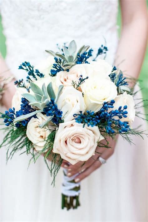 blush roses and blue wedding bouquet - EmmaLovesWeddings