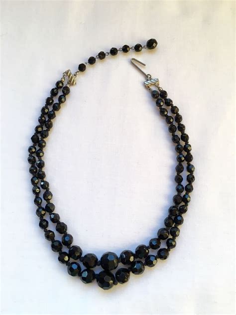 Vintage Black Glass Bead Necklace Made In Austria Faceted Beads Double