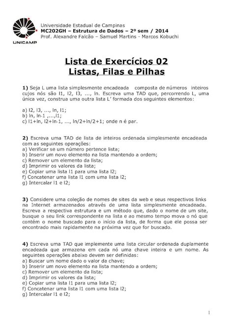 Pdf Lista De Exerc Cios Listas Filas E Pilhas Ic Unicamp Br