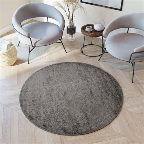 TAPISO Delhi Rond Tapis Salon Descente de Lit Gris Foncé Unicolore