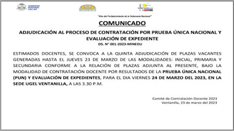 Comunicado Quinta Adjudicación Para Contratación De Docentes Plazas