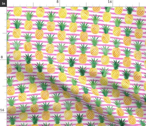 Pineapples Watercolor On Pink Stripes Fabric Spoonflower