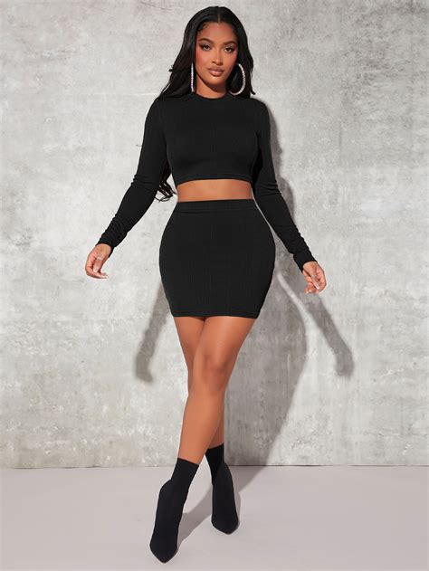 Black Crop Top And Skirt Set