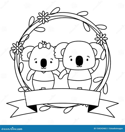 Cute Couple Koalas Animals Wreath Flowers Stock Illustration