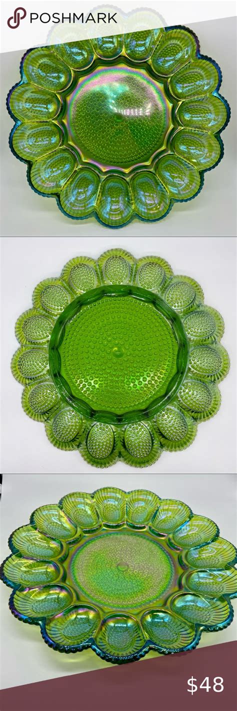 Vintage Fenton Green Iridescent Carnival Glass Hobnail Deviled Egg Plate Tray Fenton Carnival