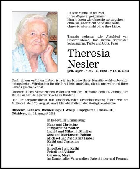 Todesanzeigen Von Theresia Nesler Todesanzeigen Vorarlberger Nachrichten