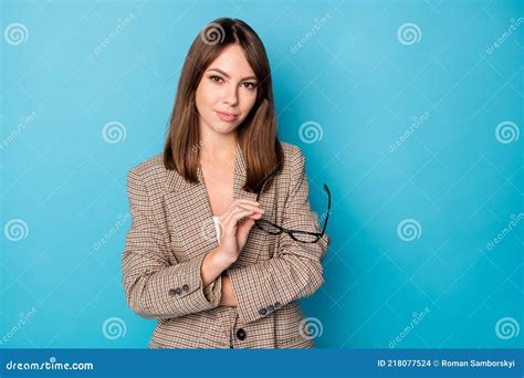 Photo Of Brunette Optimistic Lady Talk Hold Spectacles Wear Brown