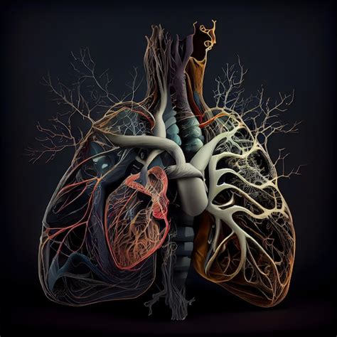 Corazón humano con venas y arterias sobre fondo oscuro ilustración 3d