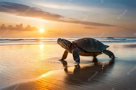 Premium Photo | A turtle on the beach at sunset