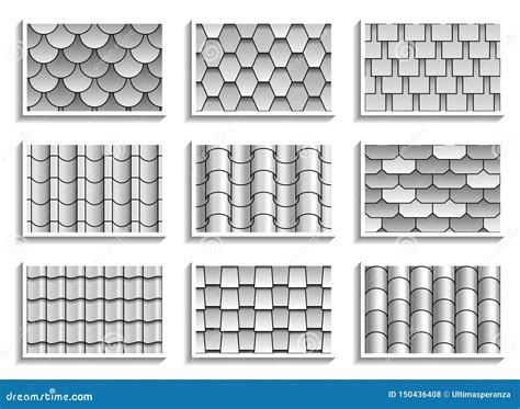 Set Of Grayscale Seamless Roof Tiles Textures Black And White Graphic