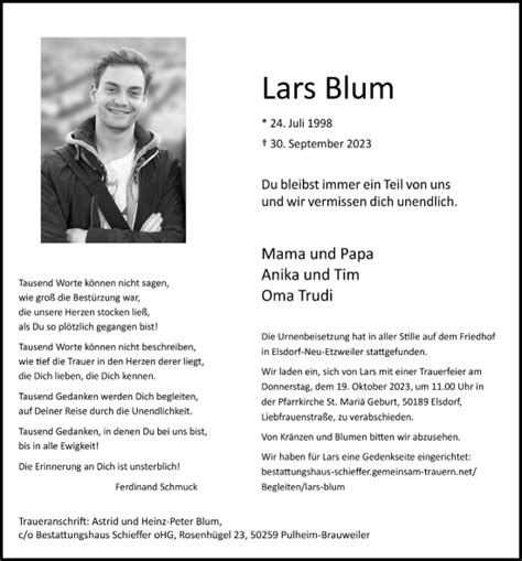 Traueranzeigen Von Lars Blum WirTrauern