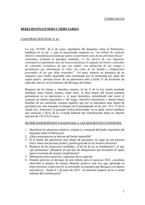 CASO Práctico derecho financiero i 1 CURSO 2023 DERECHO FINANCIERO Y