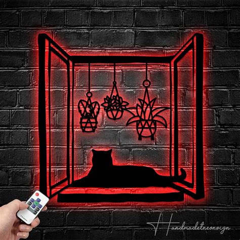 Custom Cat Window Metal Wall Art Led Light Window Cat Metal Etsy