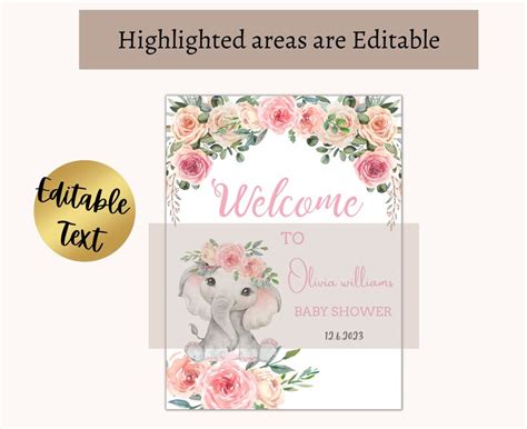 Editable Elephant Baby Shower Welcome Sign Pink Floral Elephant