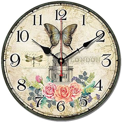 Swhong Londres Vintage Shabby Chic Horloge Murale En Bois Silencieux