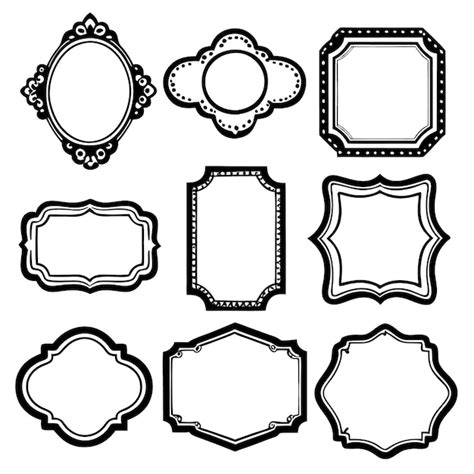 A Set Of Nine Black And White Ornate Frames With Different Shapes And