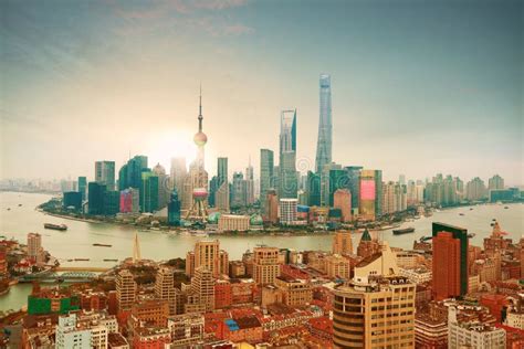 Aerial Photography at Shanghai Bund Skyline of Sunrise Stock Image - Image of chinese, china ...