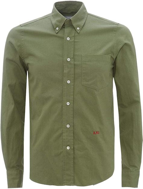 Ami Mens Sage Green Embroidered Logo Shirt Uk Clothing