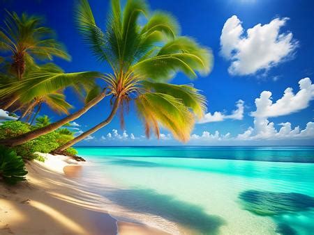 A Tropical Beach With Palm Trees And Clear Blue Water Image Design Id