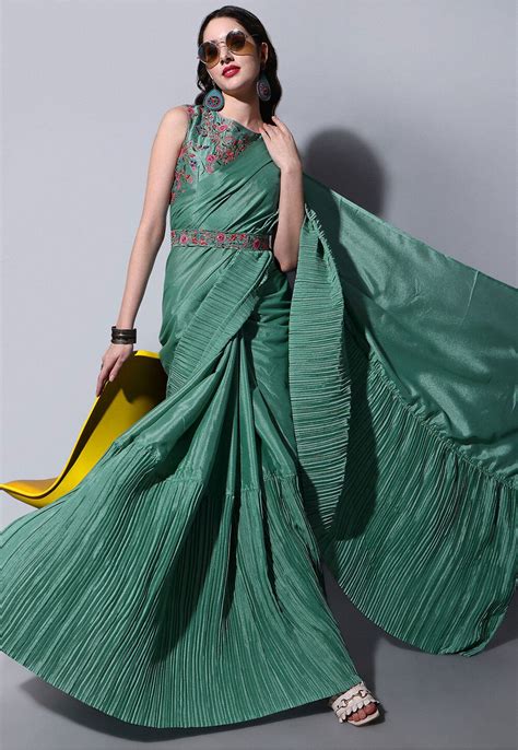 Buy Accordion Pleated Chinon Chiffon Saree In Sea Green Online