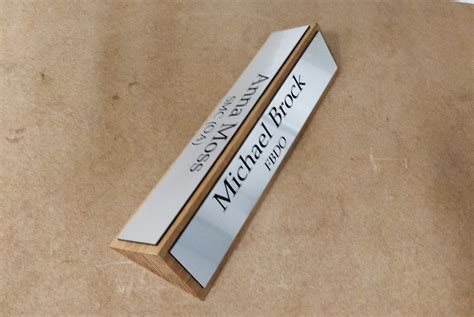 Personalised Double Sided Desk Name Plate Solid Wood Base Custom