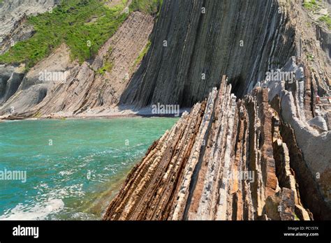 Famous Flysch Rock Formation At Itzurun Beach At Zumaia Coast Pais