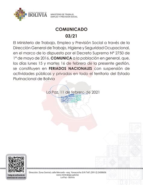 Ministerio De Trabajo Dispone Feriados Nacionales Para El 15 Y 16 De