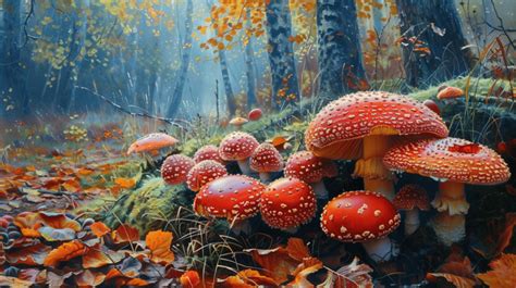 Autumn Mushrooms Growing In The European Forest Background September