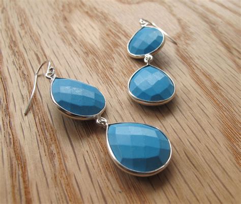 Silver Turquoise Large Dangle Earring Blue Turquoise Tear Earring Raw