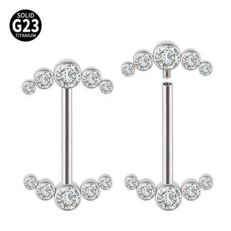 2pcs G23 Titanium Nipple Ring Bar Cubic Zirconia Internal Thread