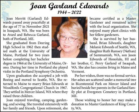 Joan Garland Edwards Obituary Mercer Island Reporter