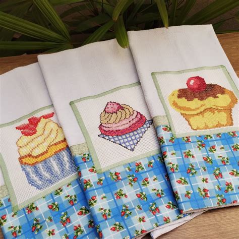 Kit Panos De Prato Copa Bordados Ponto Cruz Cupcakes Elo