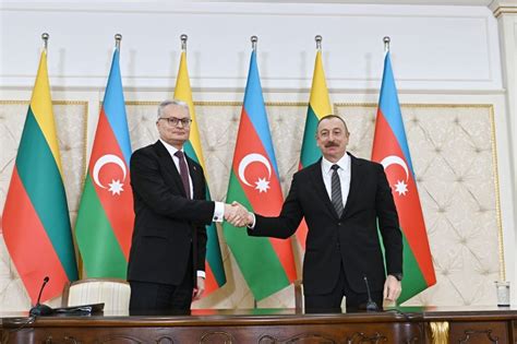 Presidents Of Azerbaijan Lithuania Make Statements For Press Photo