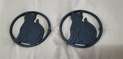 Vintage Pair Black Cat Silhouette Cast Iron Footed Trivets