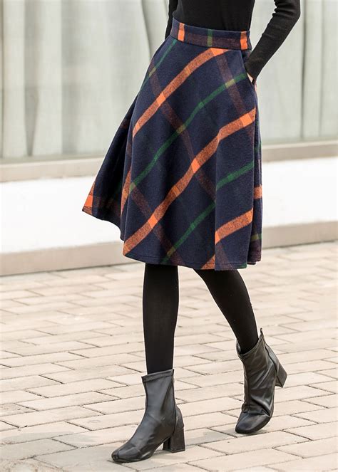 Knee Length Plaid Wool Skirt In Blue Winter Autumn Wool Skirt Etsy